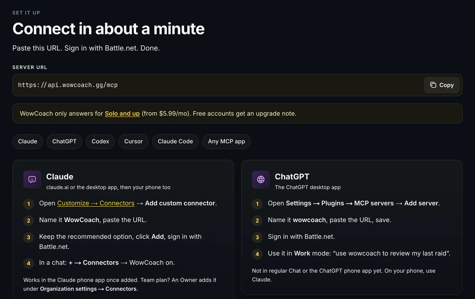WowCoach connector setup: the server URL https://api.wowcoach.gg/mcp with step-by-step instructions for Claude and ChatGPT