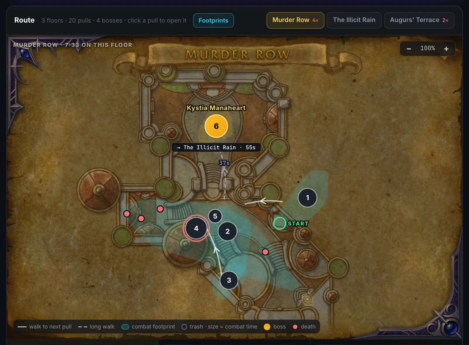 WowCoach Mythic+ route map for a Murder Row +13: numbered pulls, walking paths, boss and death markers on the dungeon map