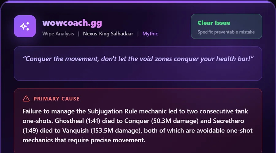 AI Wipe Analysis showing primary cause and chain of events from Coach Clutch