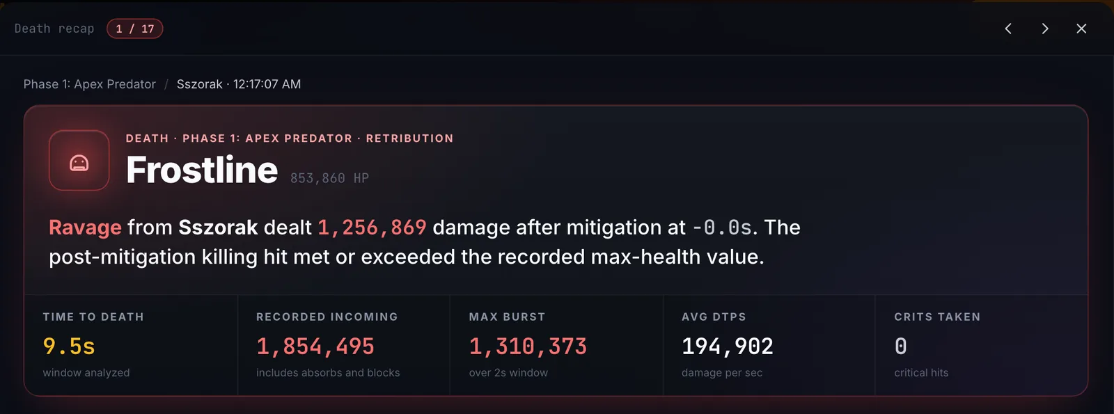 WowCoach death recap: Ravage from Sszorak dealt 1,256,869 damage after mitigation; 9.5 seconds to death, 1.85 million recorded incoming damage, max burst and damage taken per second
