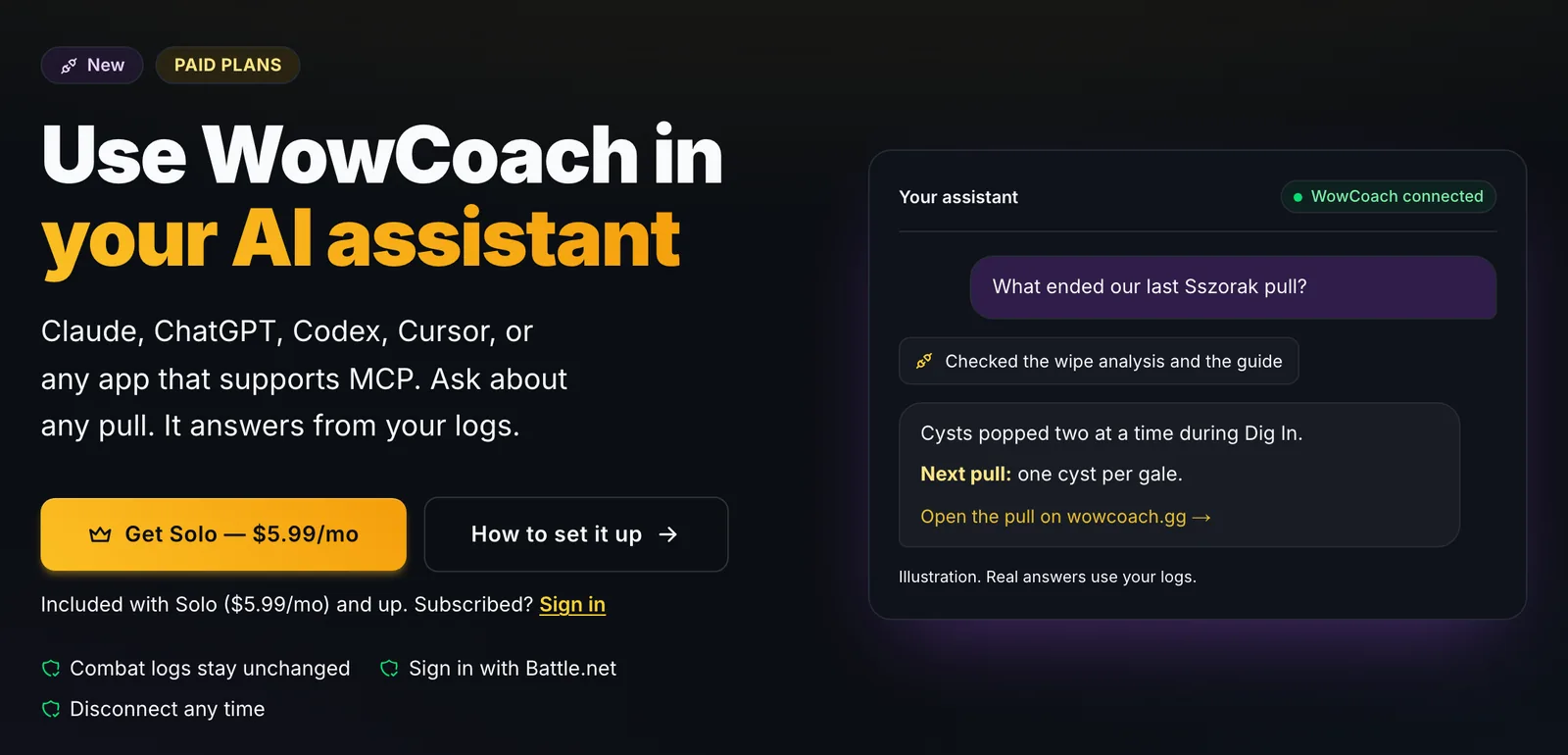 The WowCoach AI assistant page: an assistant connected to WowCoach answers "What ended our last Sszorak pull?" with the next-pull fix