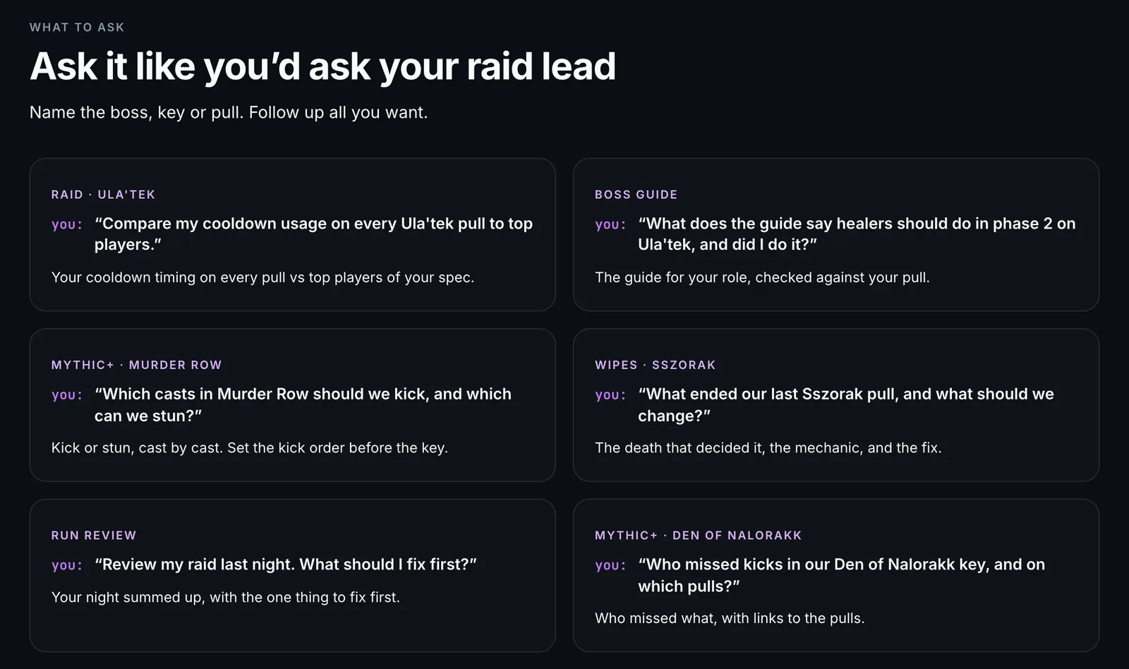 Example raid-leader questions for the WowCoach MCP: cooldown usage on every Ula'tek pull, which Murder Row casts to kick, what ended the last Sszorak pull